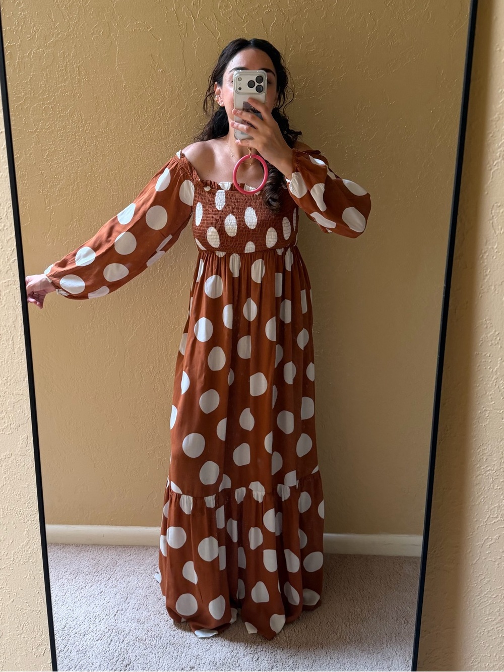 Rust Polka Dot Maxi Dress - Smocked Bodice, Long Sleeve